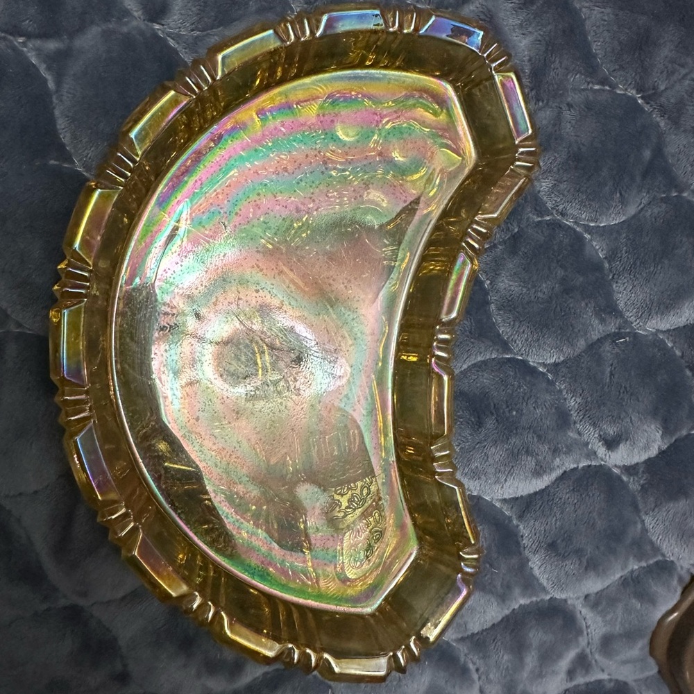 Iridescent vegetable dish. Beautiful colors . Carnival glass